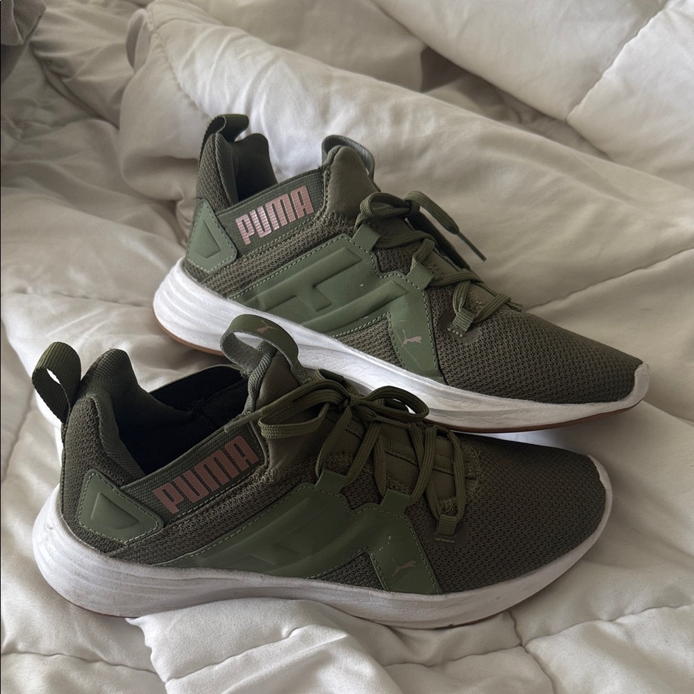Puma Forest Green Athletic Shoes with Pink Highlights